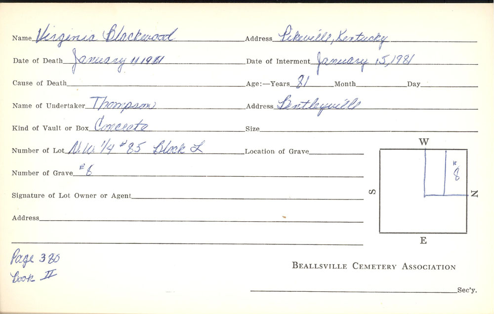 Virginia Blackwood burial card
